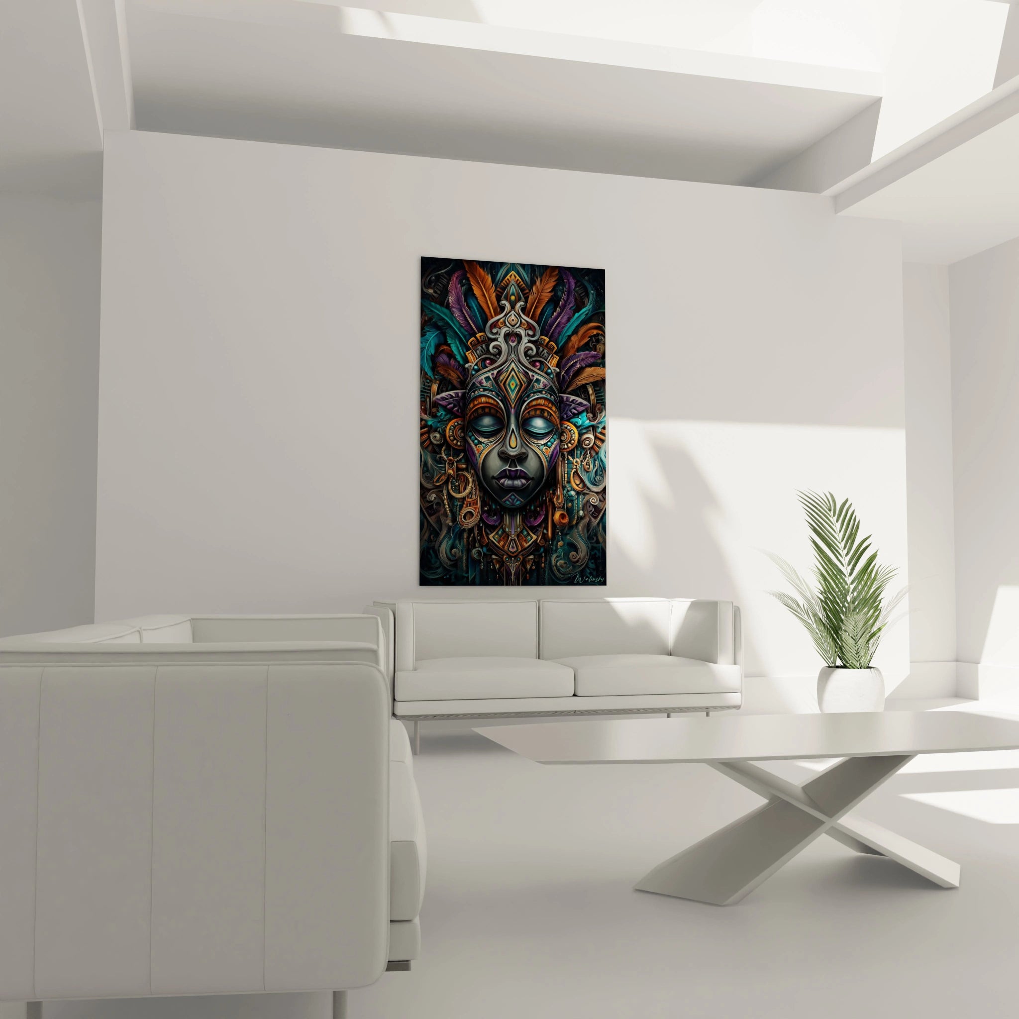 Tableau mural masque africain décoratif avec des couleurs vibrantes et des motifs uniques
