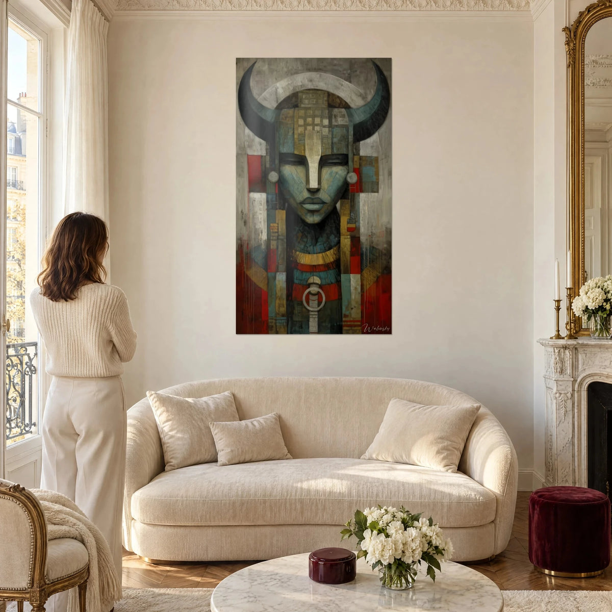 Wall art tribal mask with midnight blue bull horns, turquoise face and red accents, above a sofa in a bright living room
