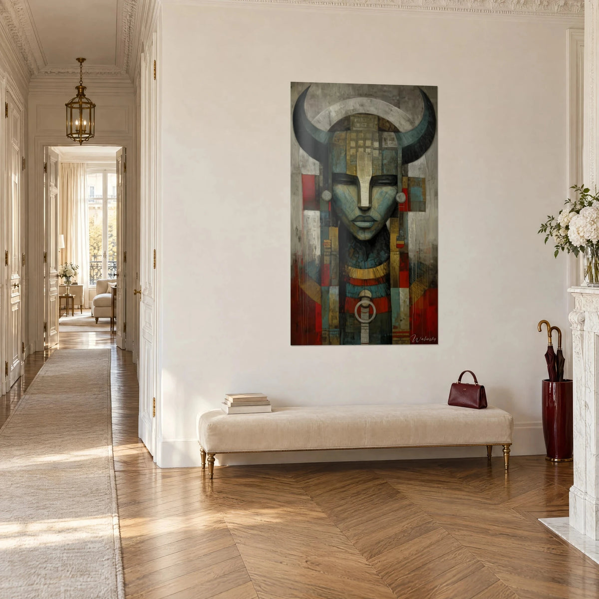 Wall art carved face with closed eyelids, ivory nose and gold necklace striped with red, three-quarter view in a Haussmann-style hallway