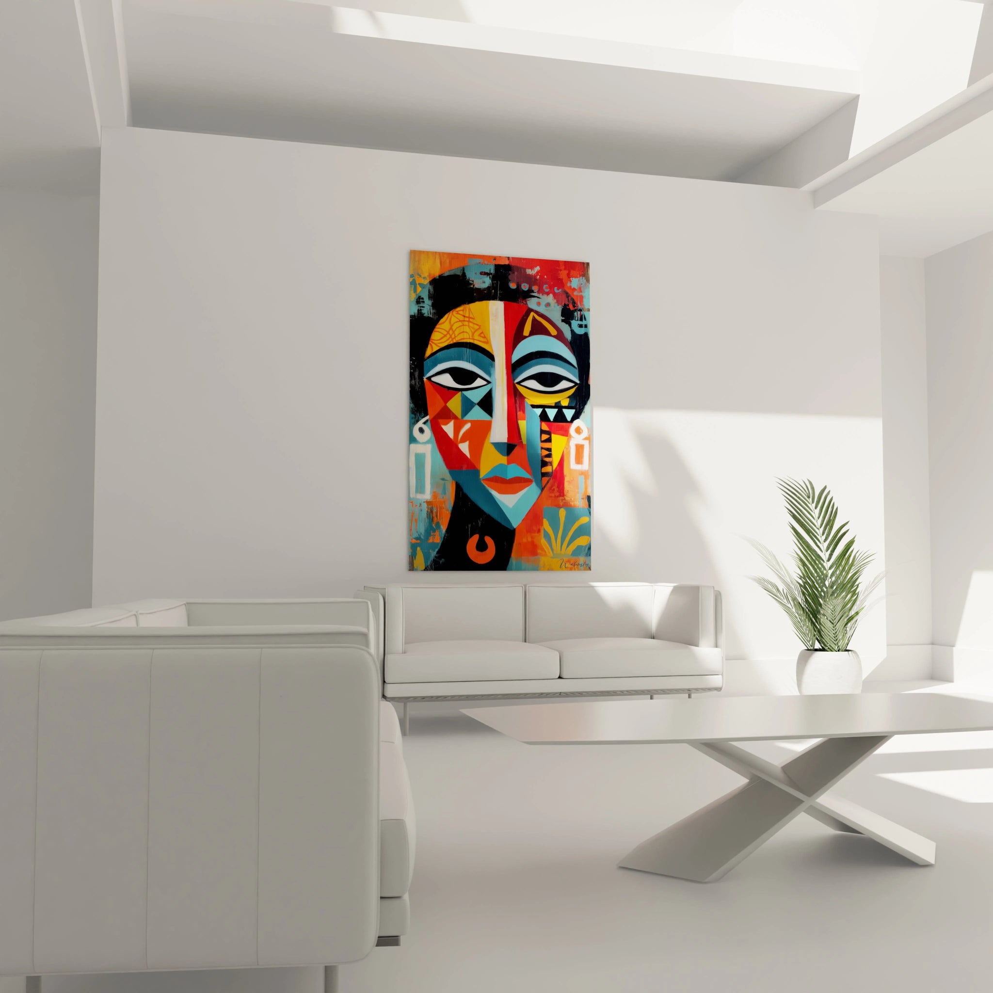 Tableau mural contemporain de Walensky représentant un paysage avec des couleurs vibrantes, tableau masque africain contemporain