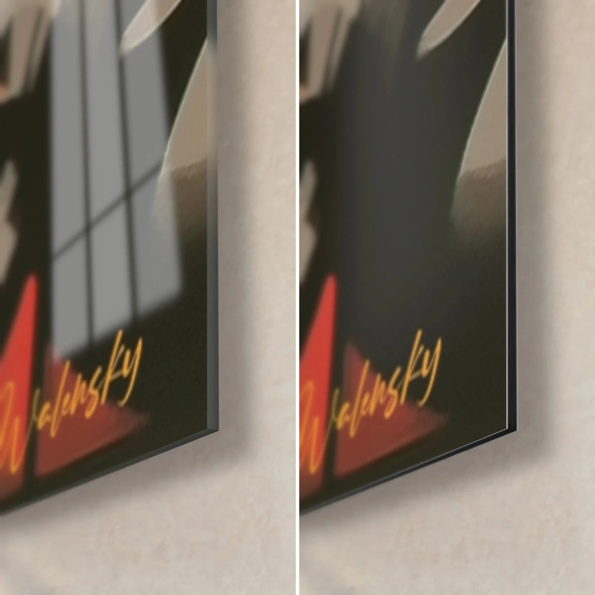 Wall art tribal effigy in red and black, bottom right corner in glossy glass and matte Dibond, yellow Walensky signature, 3 mm edge