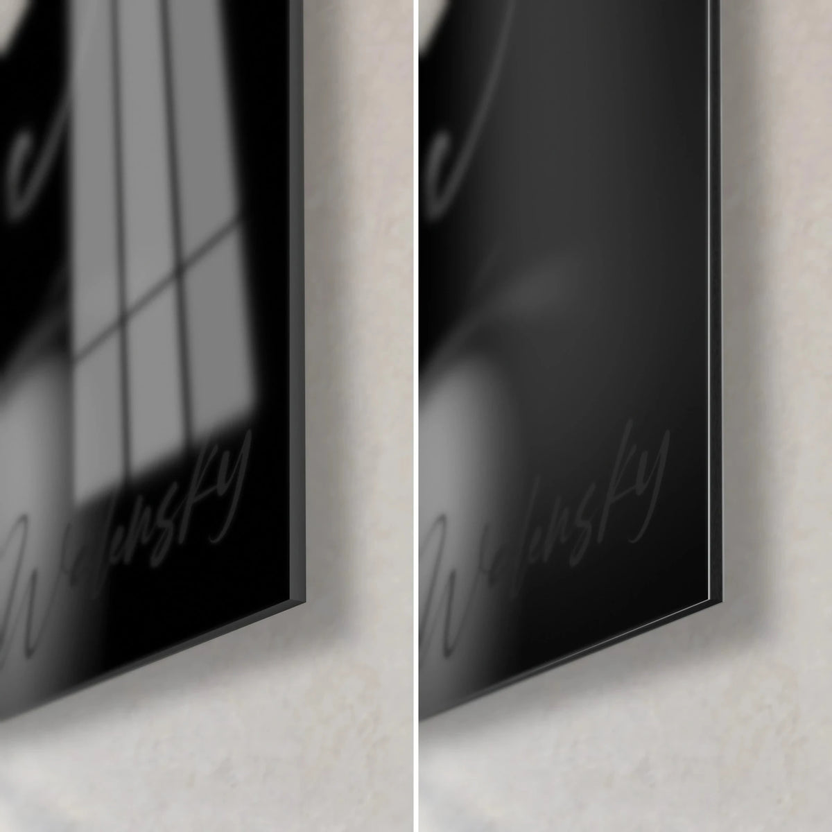 Gemälde eines silbernen Kürbisgesichts, untere rechte Ecke aus glänzendem Glas links, mattschwarzes Alu-Dibond rechts, 3 mm Stärke