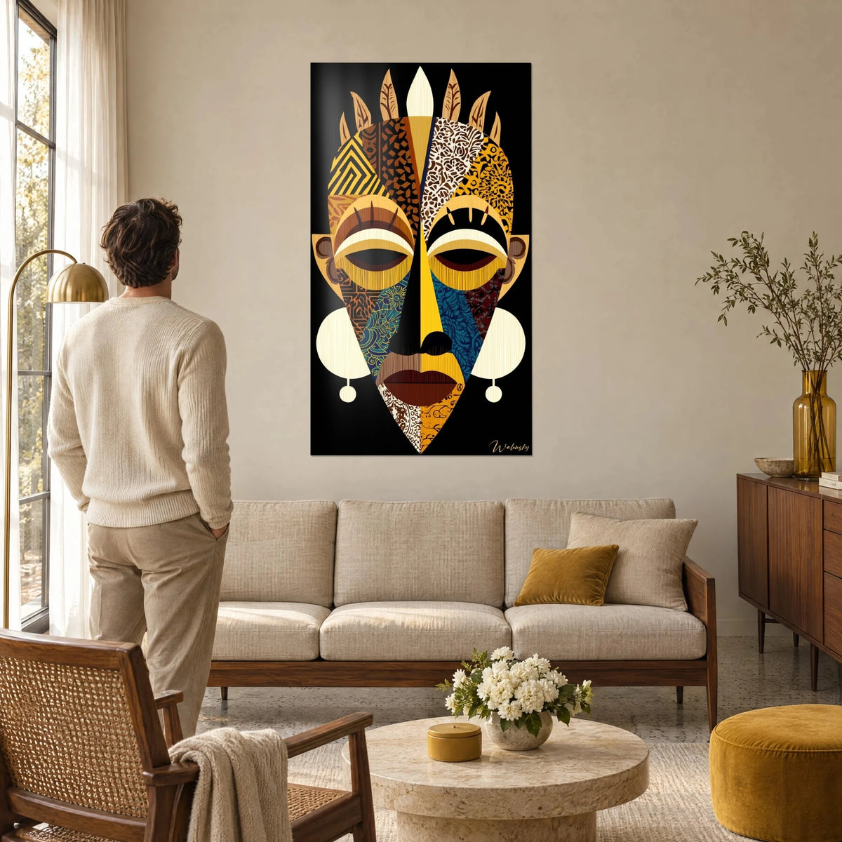 Tableau masque africain en mosaïque d'ocre et de bleu canard sur fond noir, un homme de dos, au-dessus d'un canapé dans un salon lumineux