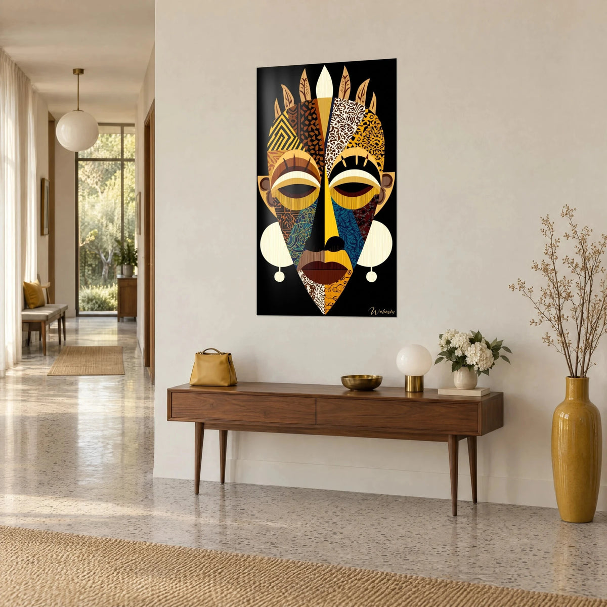 Tableau visage tribal stylisé, motifs jaune moutarde et brun, crête de plumes crème, console en bois, vue de trois-quarts dans un couloir