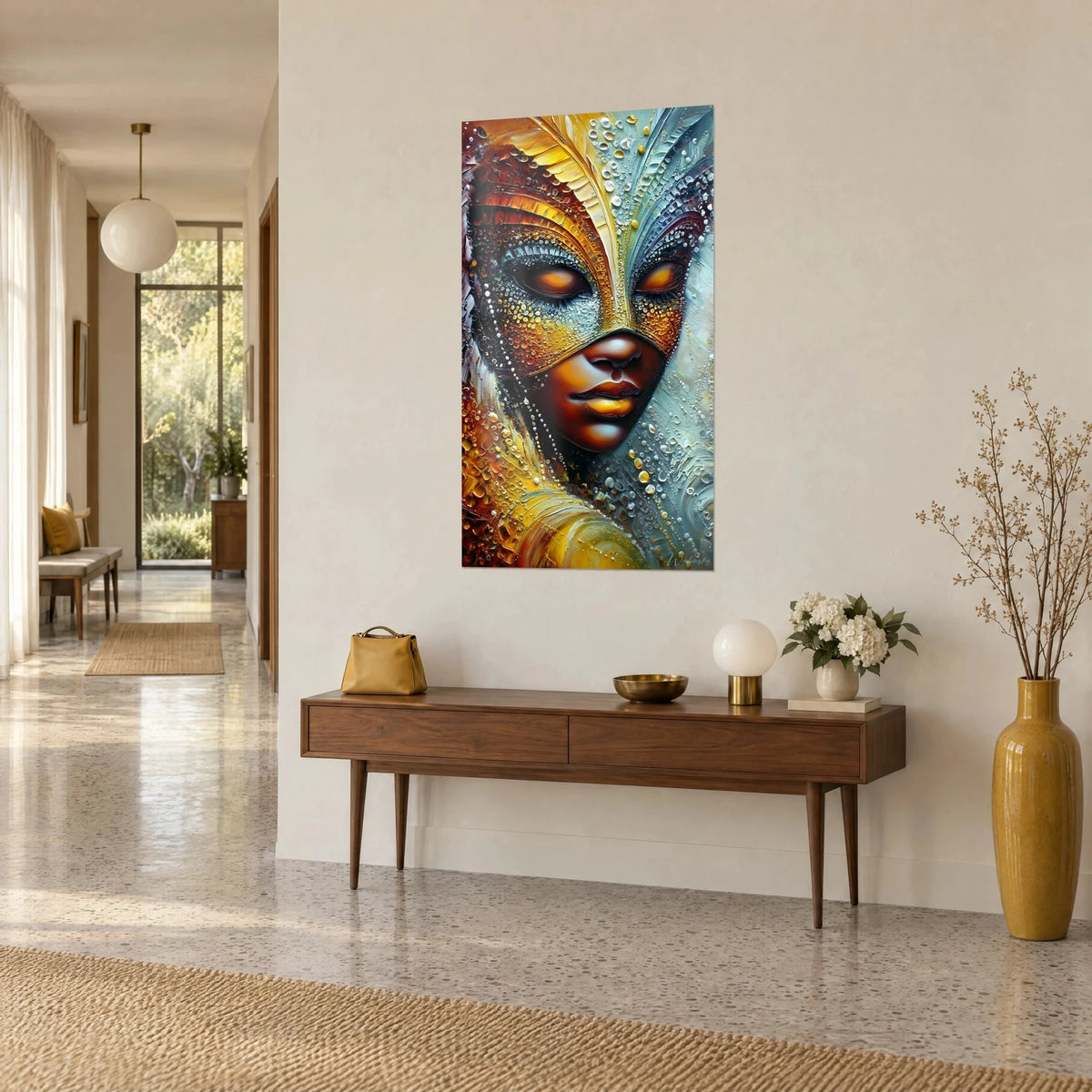 Schilderij portret met paletmes geschilderd, koperbruine lippen, saffraangeel en blauwgrijs verenkleed, dauwdruppels, in een lichte gang