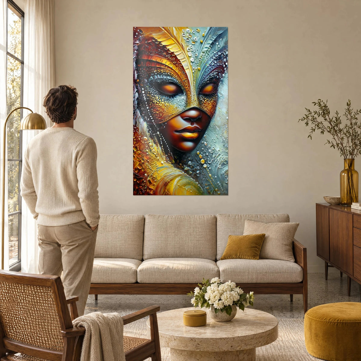 Schilderij gemaskerd gezicht met gesloten oogleden, oker- en gouden veren, turquoise kralen, man van achteren, boven een bank in een lichte woonkamer