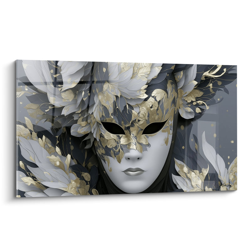 Tableau Masque blanc aux ornements dorés - Regard caché - Edition Masque de venise