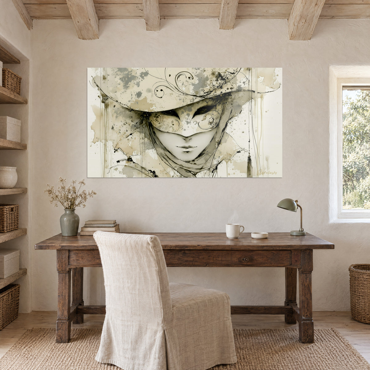 Quadro enigmatica maschera di carnevale con colature d'inchiostro seppia e nero, sopra una scrivania in legno, casa in pietra