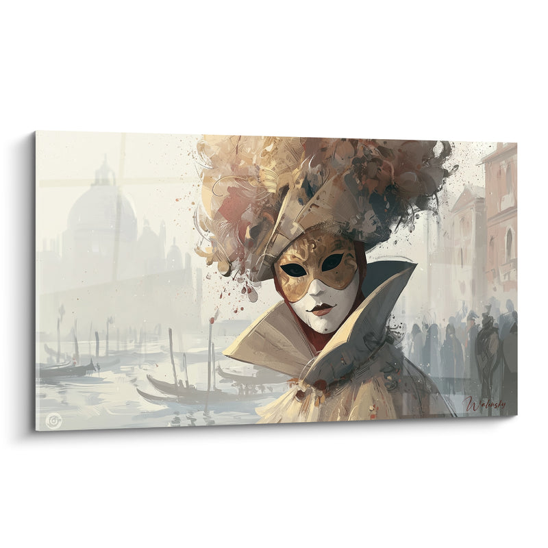 Tableau Masque blanc et doré au chapeau vaporeux - Silhouette figée sur canal - Edition Masque de venise