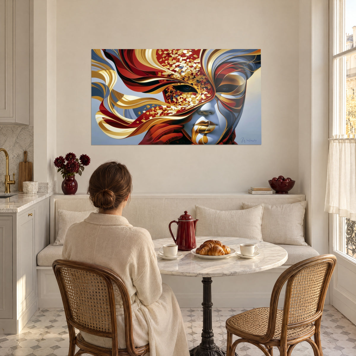 Gemälde Porträt mit Karnevalsmaske, goldene Funken auf karmesinrotem und grauem Grund, ein Paar von hinten, weiße Sitzbank, Esszimmer