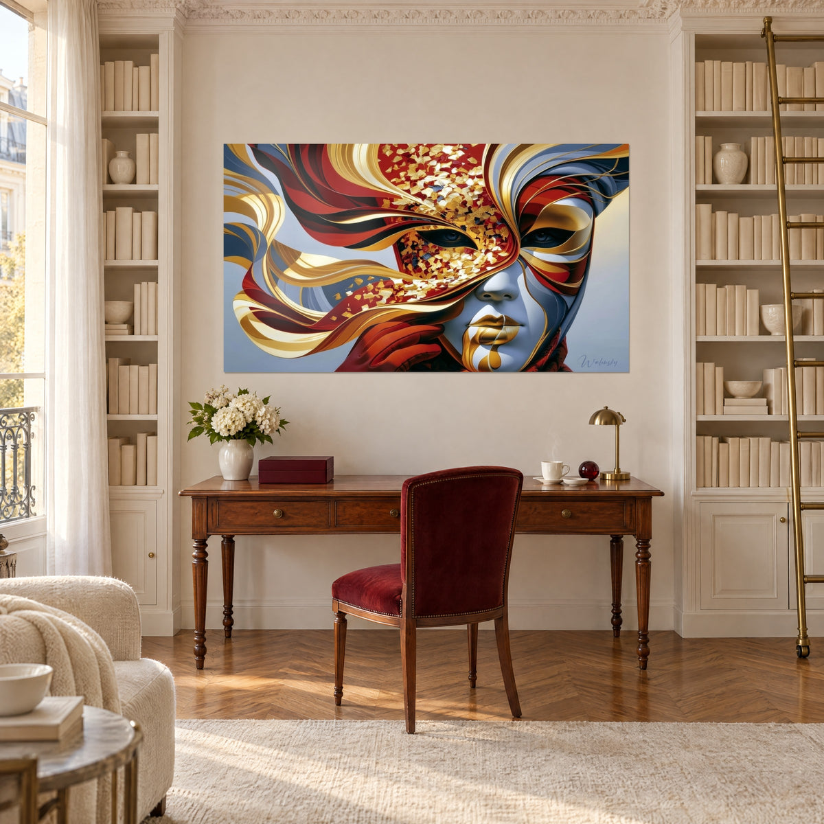 Gemälde venezianische Maske mit scharlachroten und goldenen Wirbeln, fließender goldener Mund, cremefarbene Wand, Holzschreibtisch und Bücherregal