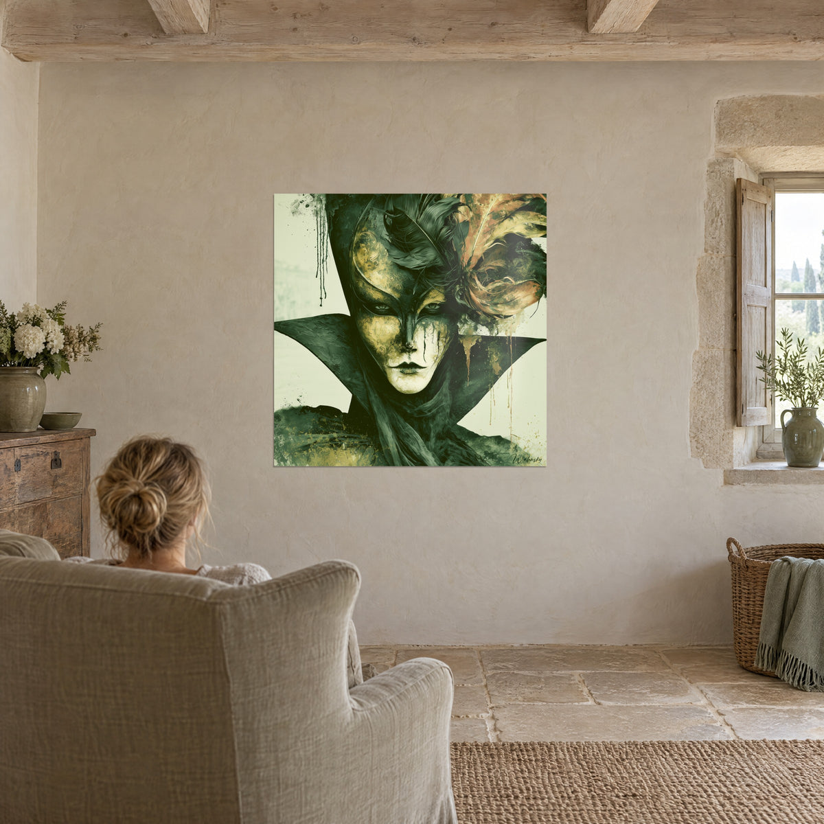 Wall art veiled silhouette with golden mask, large salmon feather, olive green tones, in a living room with lime-washed walls