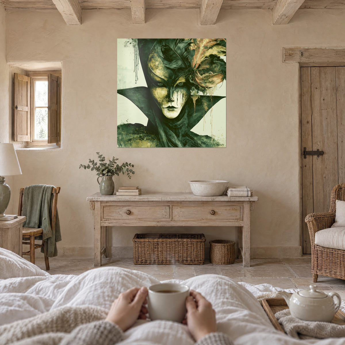Wall art mysterious masked figure, pink and gold feathers, pointed green cape, above a bed in a light bedroom