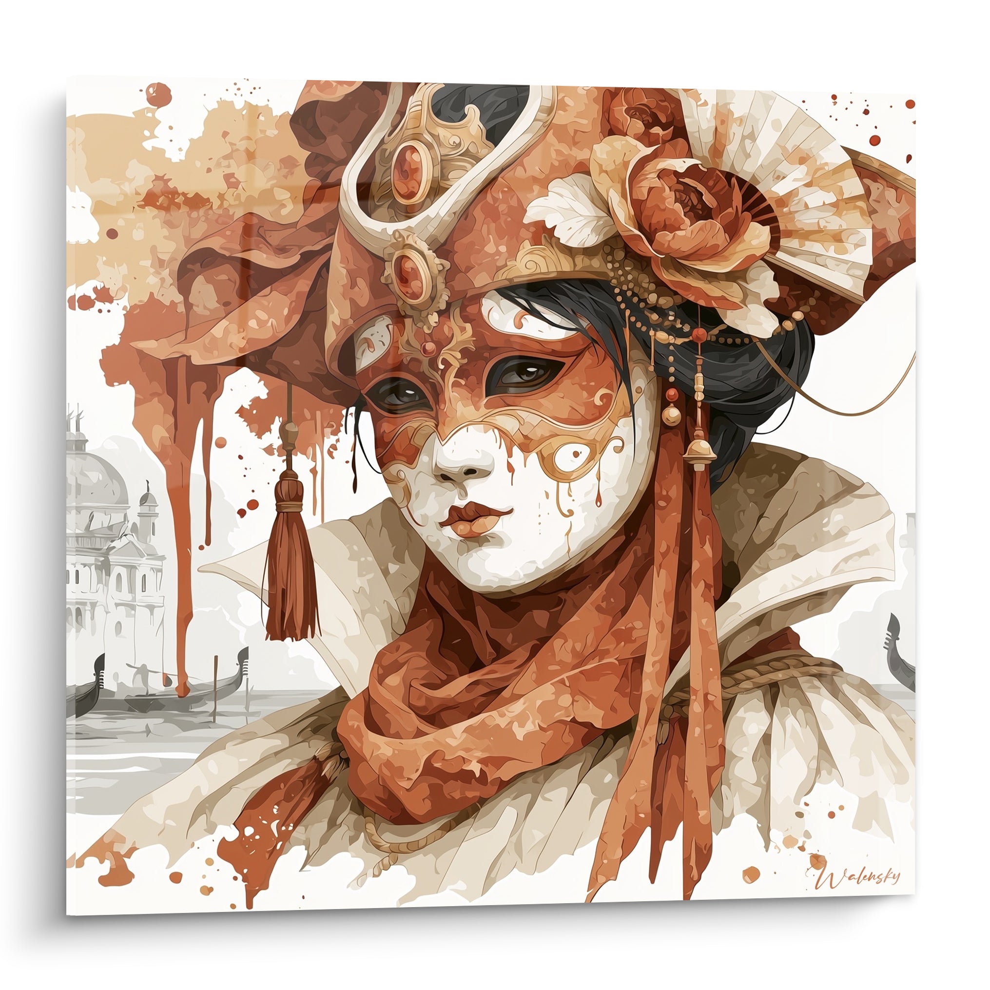 Masque de Venise terracotta et blanc, chapeau orné d'une rose et d'un éventail en dentelle