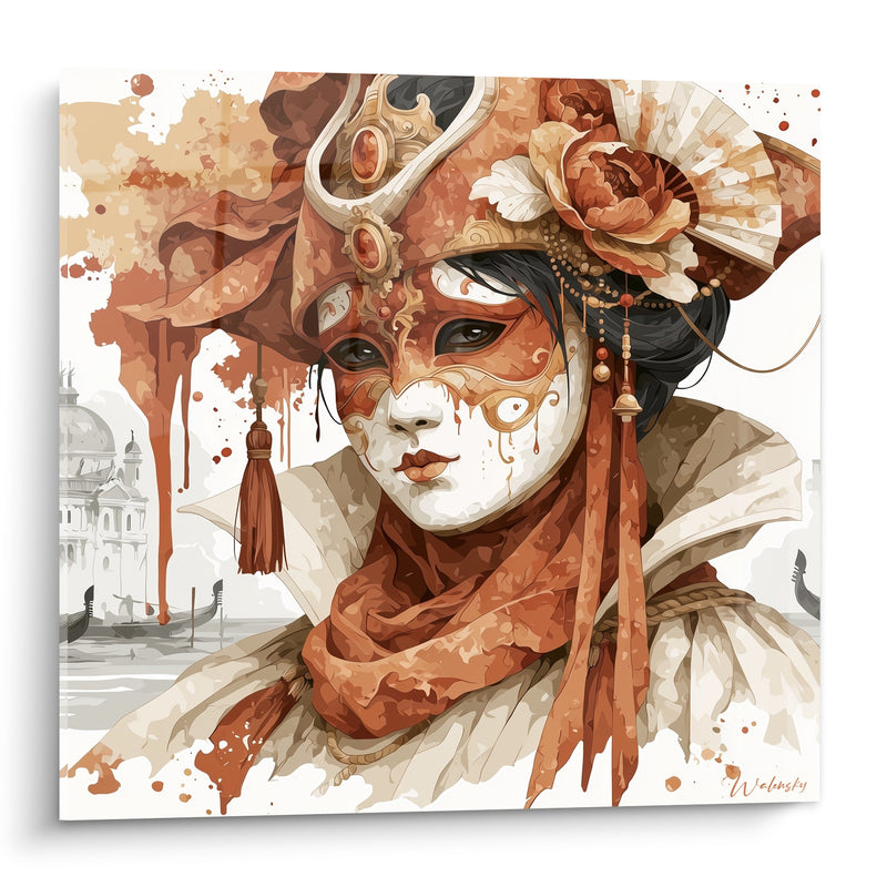 Tableau Masque terracotta et ivoire au gland pendant - Silhouette sur les gondoles - Edition Masque de venise