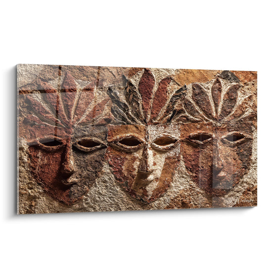 Tableau trois visages sculptés pierre - Triptyque ancestral - édition Masque africain