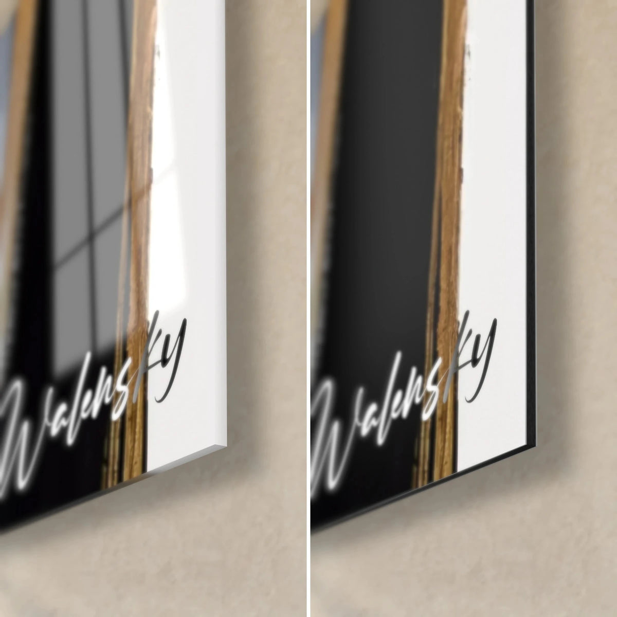 Gemälde Abstrakte Figur, untere rechte Ecke: tiefes Schwarz, Gold und Weiß, Glanzreflexe des Acrylglases auf mattem Dibond-Alu