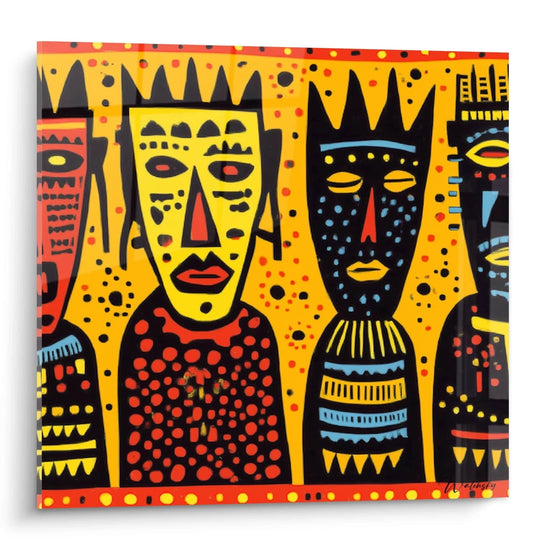 Tableau mural Walensky tableau art tribal africain en toile jaune et rouge avec visages stylises et motifs ethniques