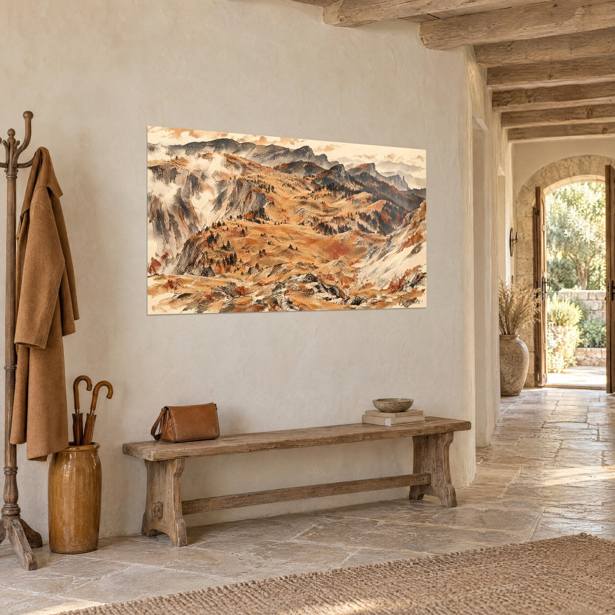 Gemälde Aquarell der Vercors-Grate in Safran und Schiefergrau, helles Nebelband links, neben einer Holzbank und einem camelfarbenen Mantel