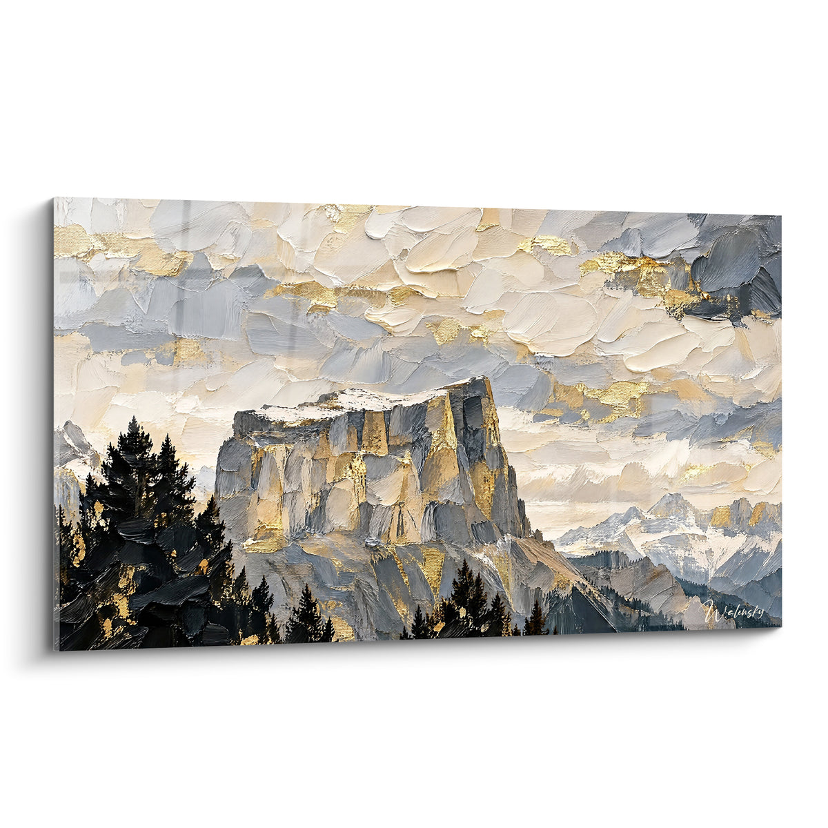 Falaise rocheuse grise et dorée sous un ciel texturé crème, peinture en relief façon Massif du Vercors