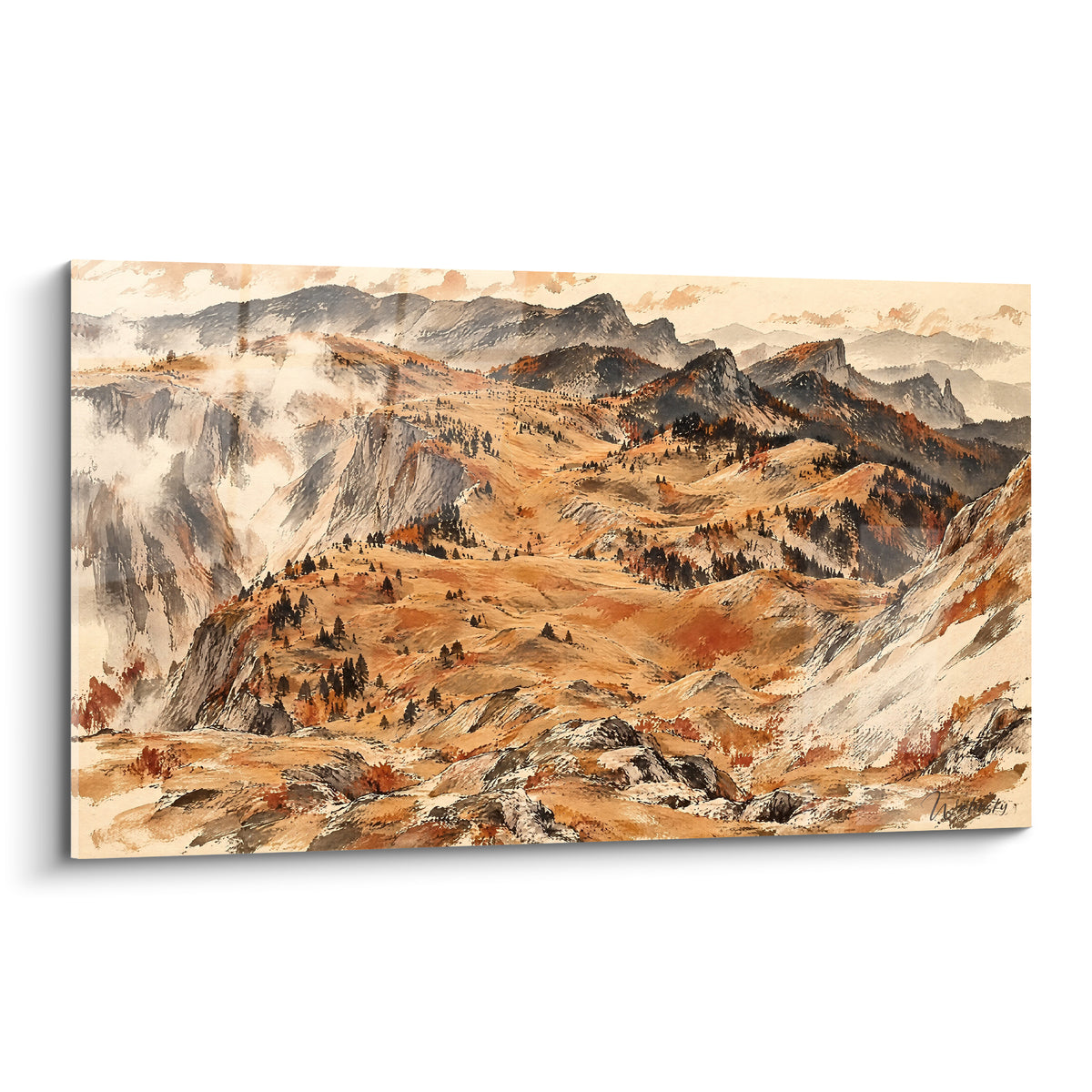 Gemälde Bergplateau des Vercors-Massivs in Ocker und Anthrazitgrau, Aquarell mit nebligen Graten und verstreuten Tannen