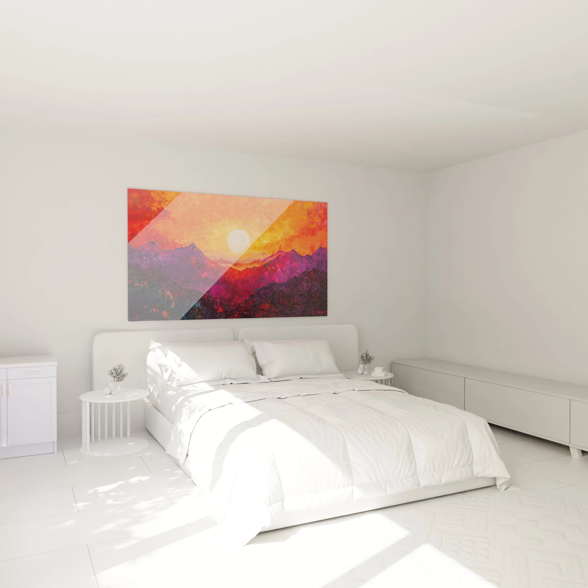 Tableau montagne représentant des sommets stylisés sous un ciel embrasé orange et jaune, avec montagnes violettes et pourpres, technique d'empâtement créant des reliefs texturés.
