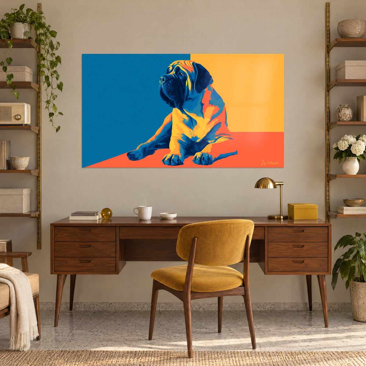 Πίνακας με μαστίφ pop art στραμμένο προς τα αριστερά, φόντο πετρόλ και ώχρας, πάνω από γραφείο από καρυδιά και μουσταρδί πολυθρόνα