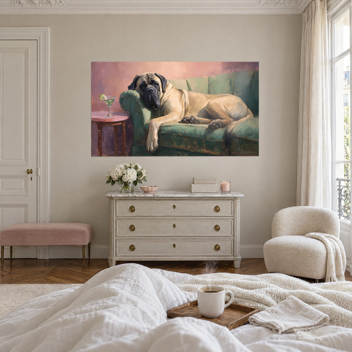 Wall art cream English mastiff asleep, head resting on an emerald armrest, pink background, above a bed in a light bedroom