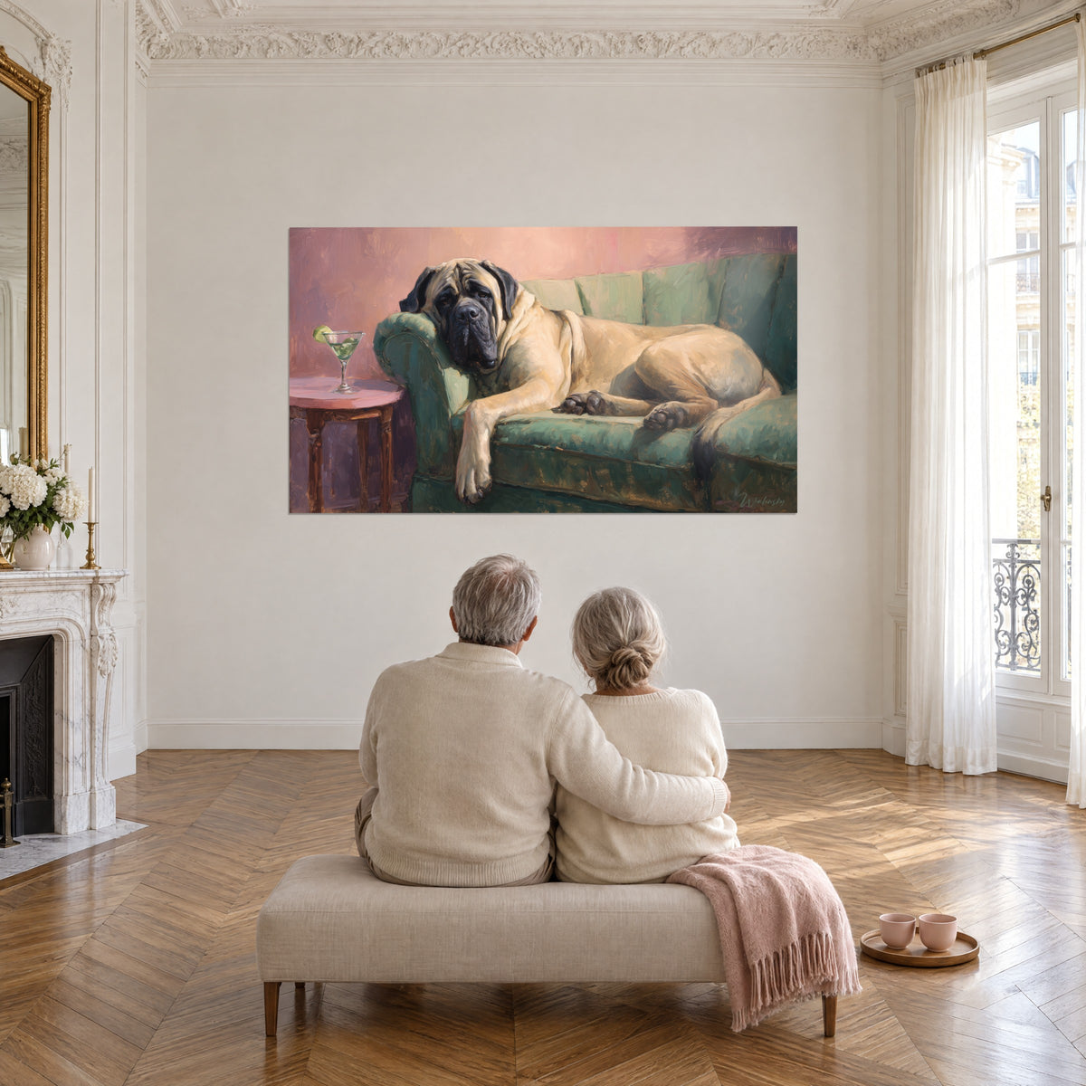 Wall art sand-coloured canine colossus, green cushions, lime martini on a pink table, facing an elderly couple on a bench