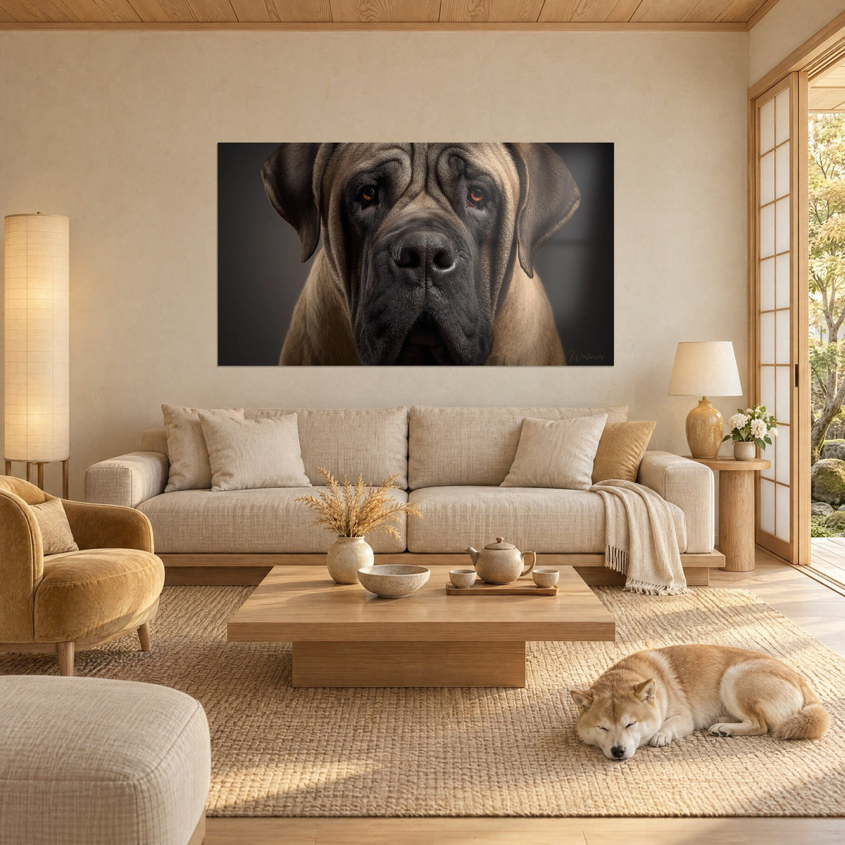 Schilderij portret van een mastiff met amberkleurige ogen, anthracietgrijze snuit en donkere achtergrond, boven een bank in een lichte woonkamer