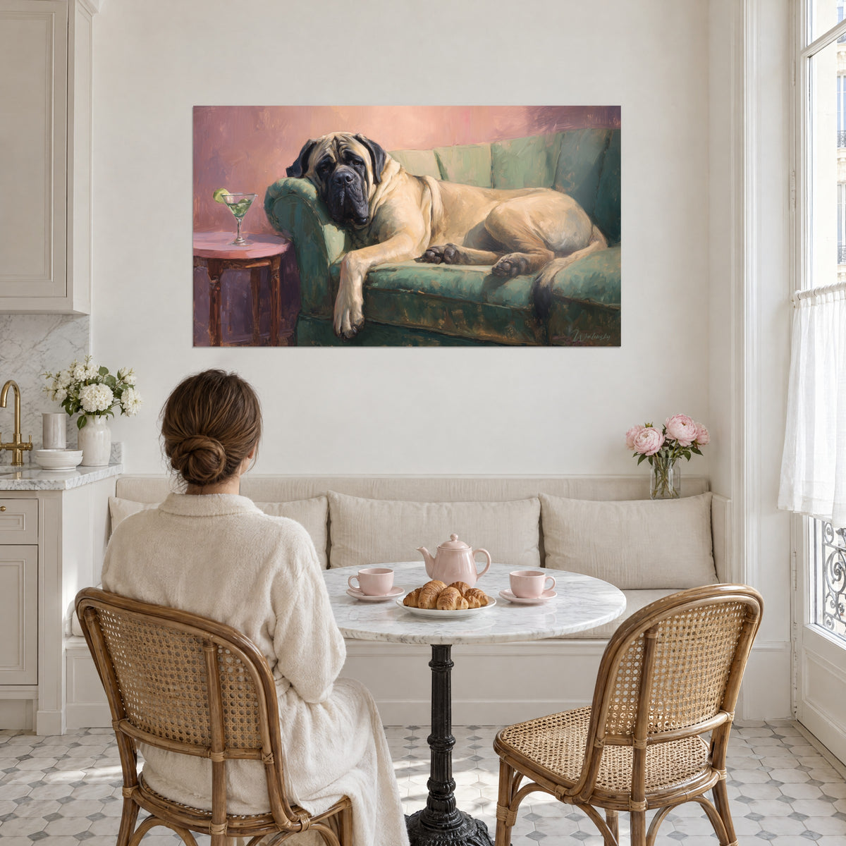 Wall art large sand-coloured dog with a dark face, green velvet and cocktail glass on a side table, facing a breakfast table