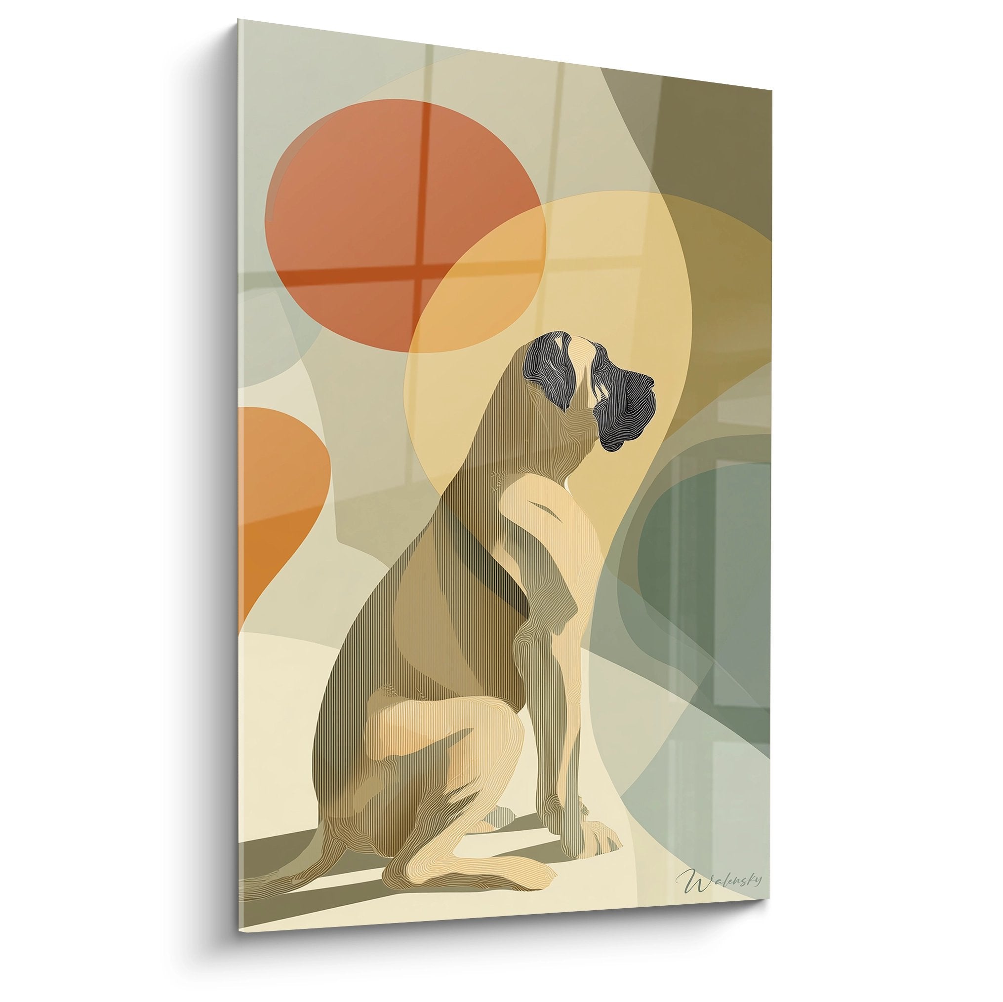 Tableau moderne Mastiff Anglais assis style géométrique tons ocre orange vert formes circulaires art contemporain