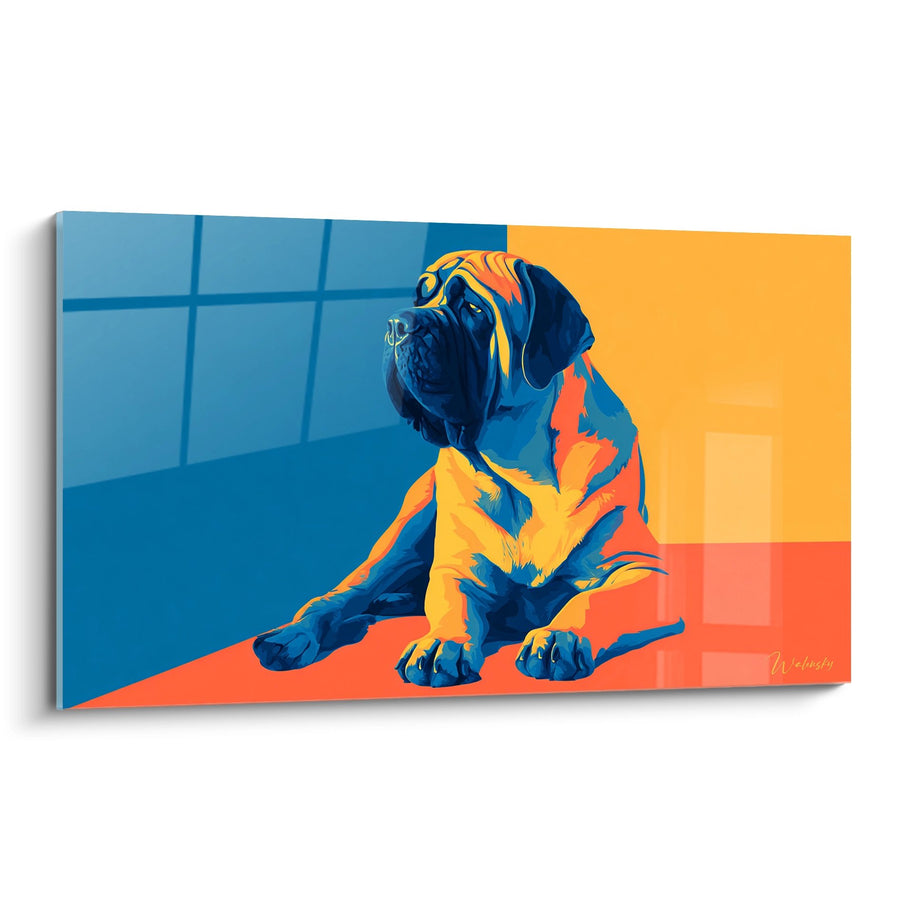 Tableau Mastiff Anglais Bleu et Orange Style Pop Art - Portrait Canin Moderne - Edition Mastiff Anglais