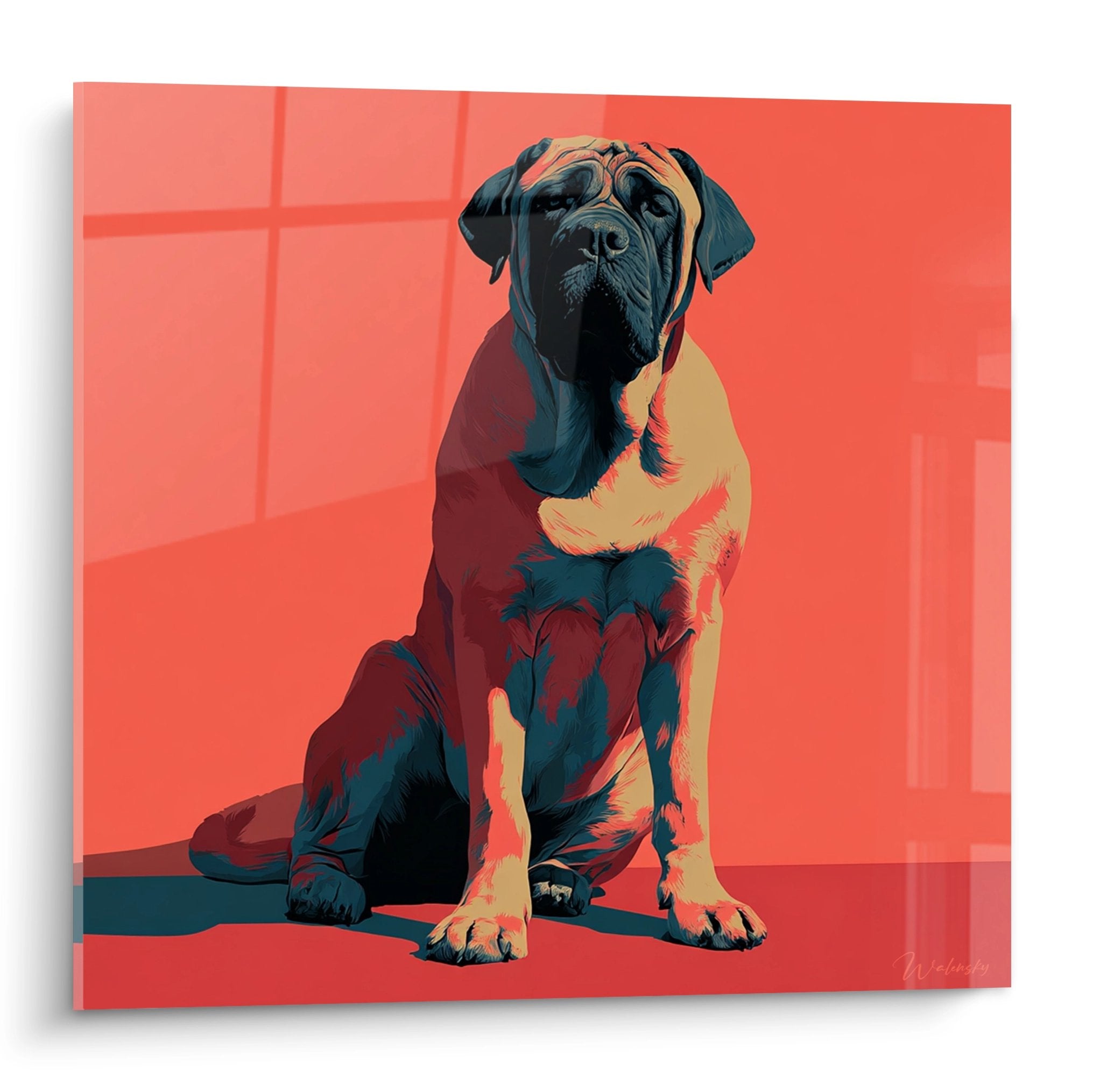 Tableau portrait Mastiff Anglais assis sur fond rouge vif, style artistique moderne aux couleurs pop