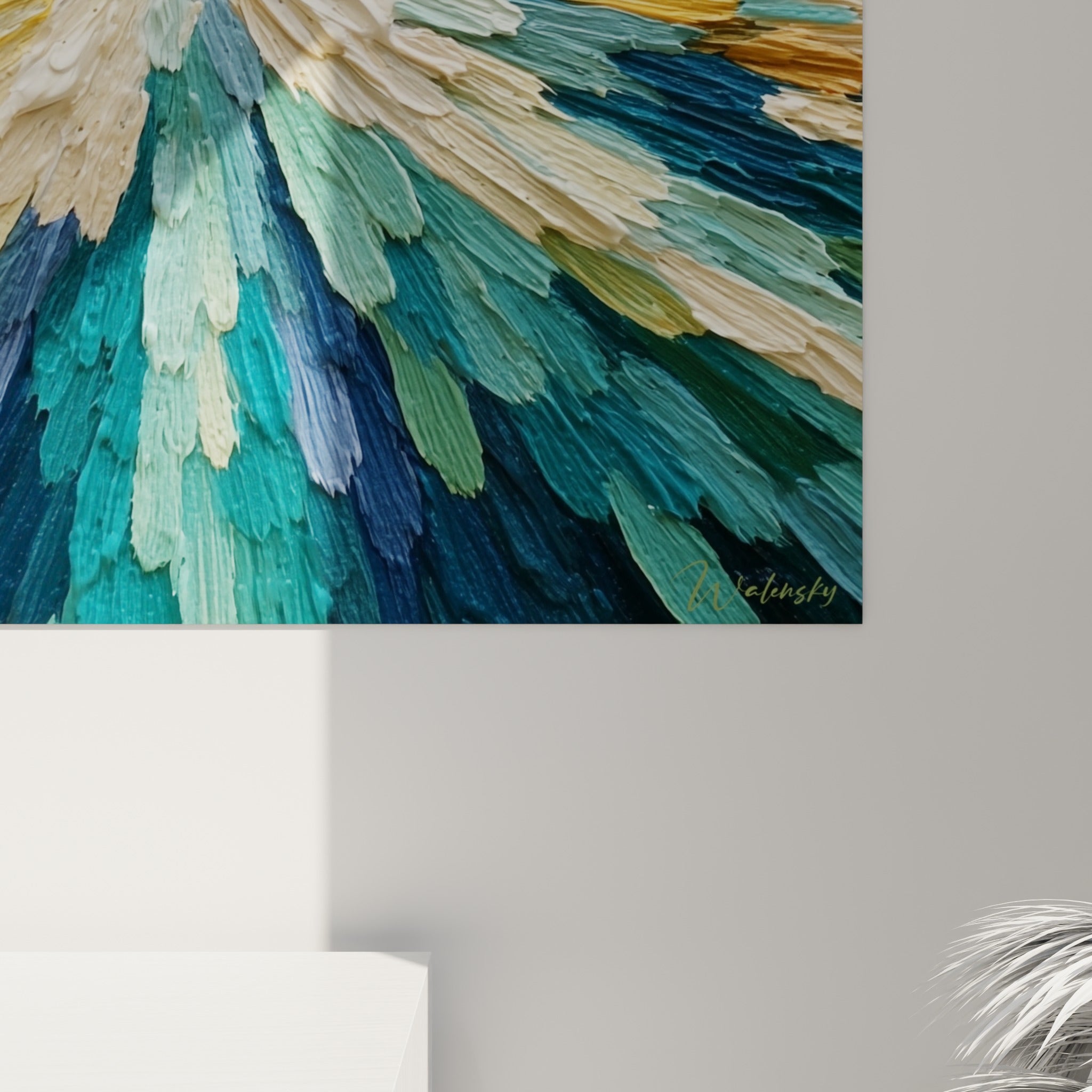 Empâtements épais mêlant blanc crème et bleu pétrole, coulures de peinture visibles autour du noyau noir