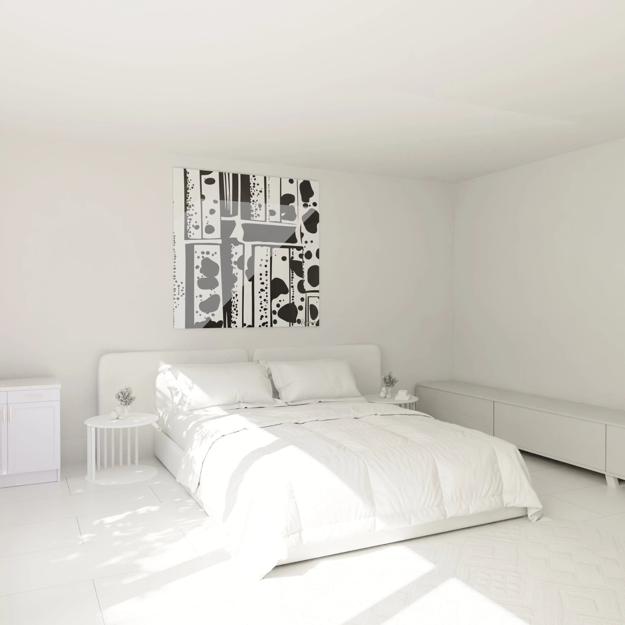 Tableau tacheté noir et blanc de Walensky accroché au-dessus d'un lit dans une chambre moderne