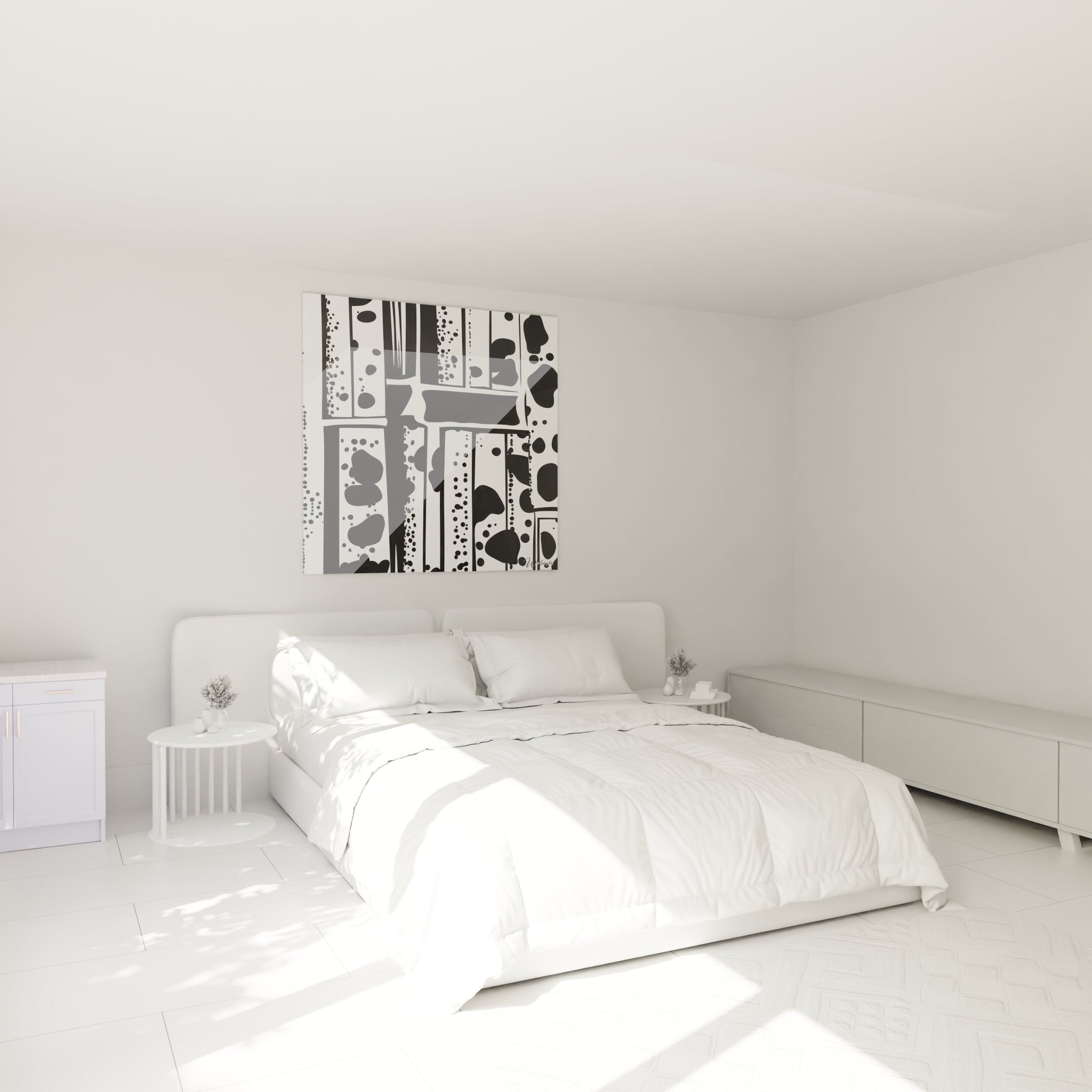 Tableau tacheté noir et blanc de Walensky accroché au-dessus d'un lit dans une chambre moderne