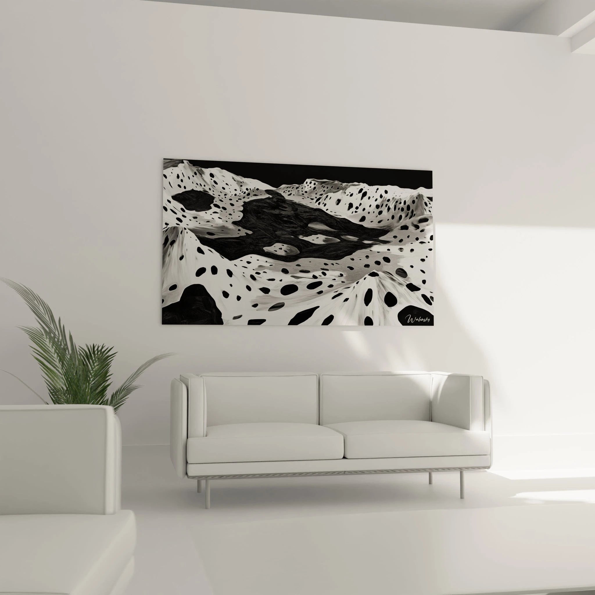 Tableau tacheté noir et blanc de Walensky représentant un paysage abstrait elegant