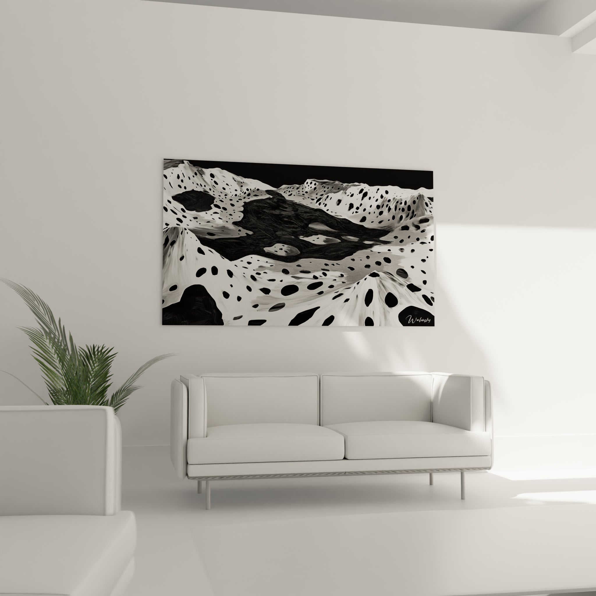 Tableau tacheté noir et blanc de Walensky représentant un paysage abstrait elegant