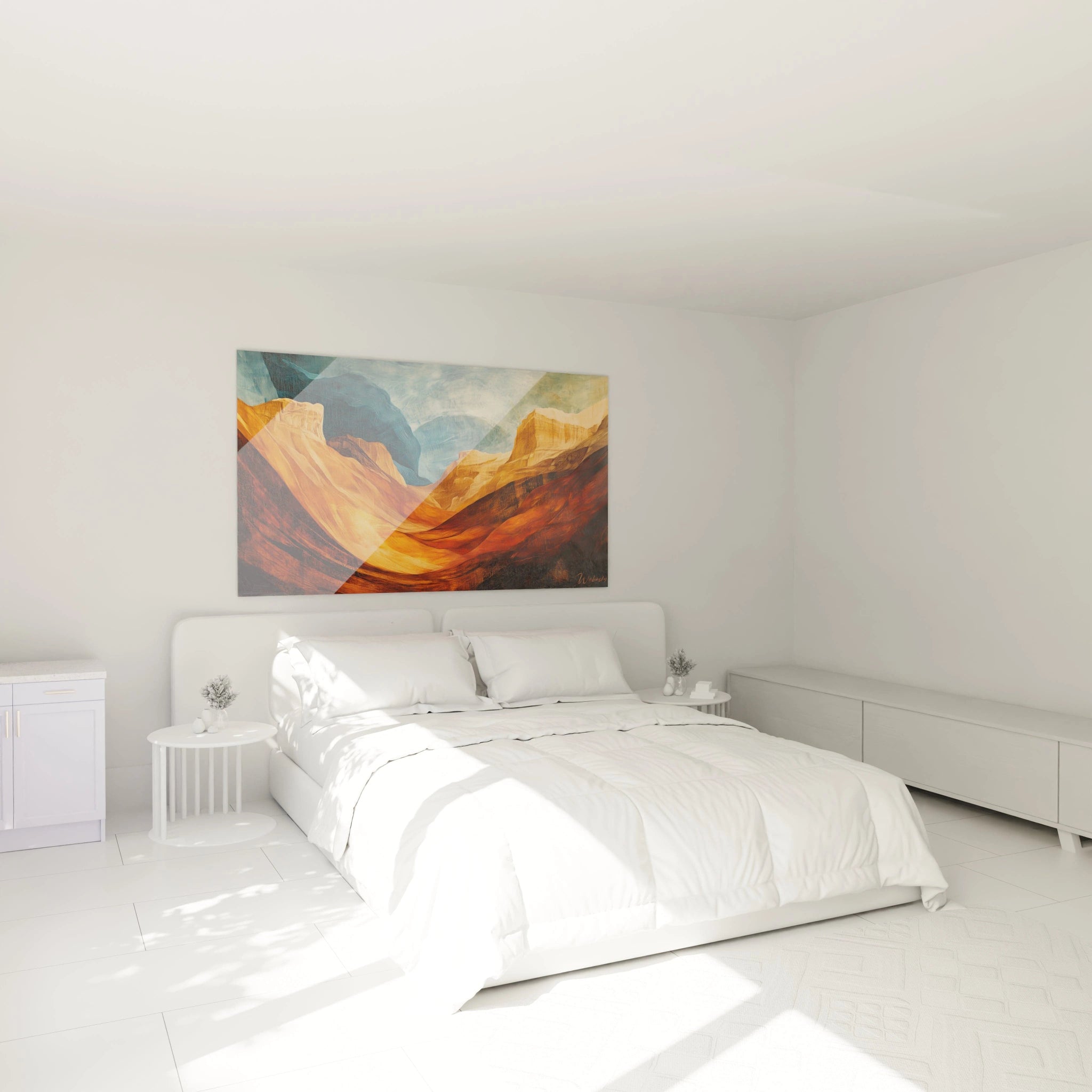 Un tableau paysage désertique montrant un canyon aux parois ocre et rouge qui s'élèvent majestueusement vers un ciel bleu clair, avec des textures de peinture visibles qui accentuent les strates géologiques et les jeux d'ombre et de lumière.
