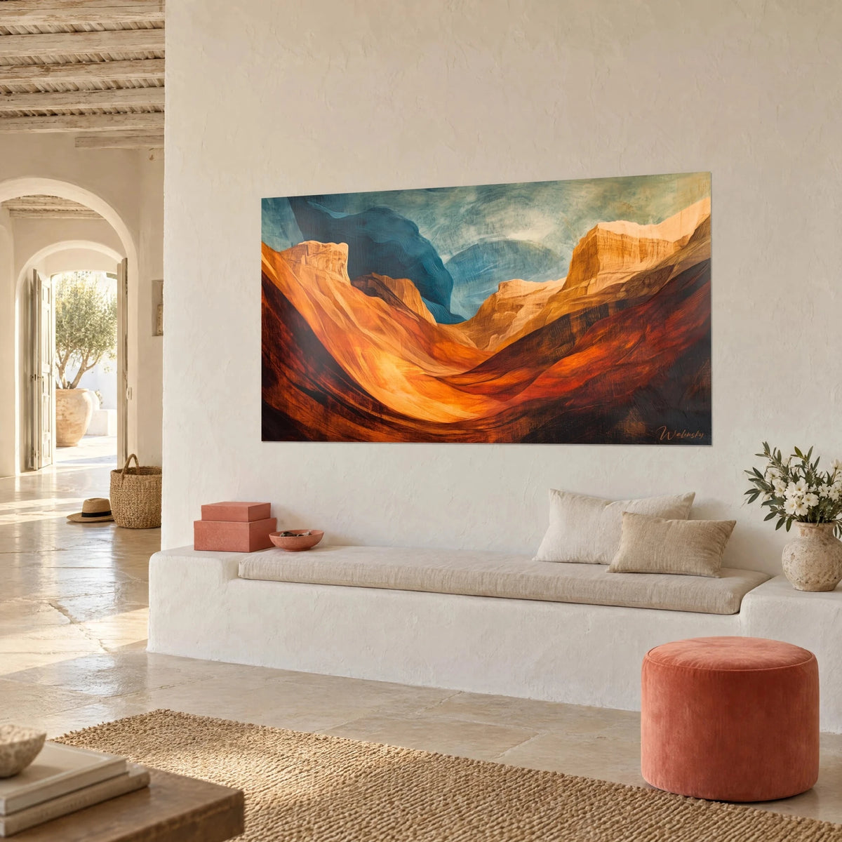 Gemälde Schluchten mit geschwungenen orangefarbenen und rostroten Formen, wolkiger blauer Himmel, gekalkte Wand und Bank eines mediterranen Hauses