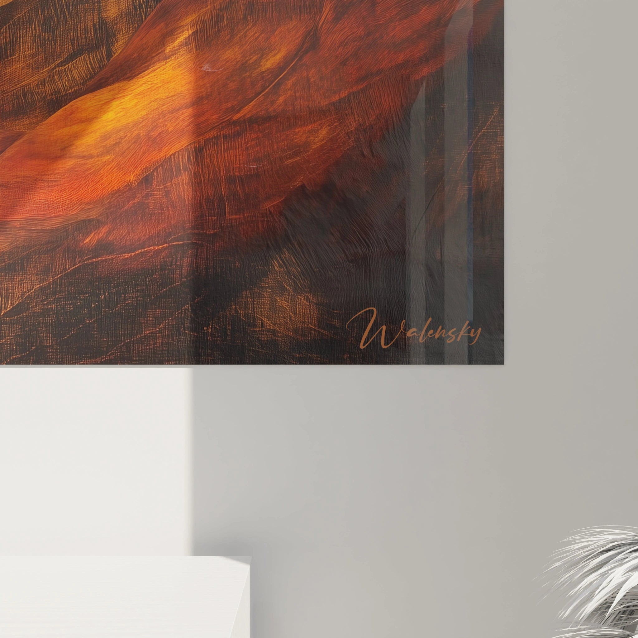 Un tableau paysage de canyon désertique aux couleurs flamboyantes d'orange et de rouge, avec des formations rocheuses aux courbes fluides qui convergent vers le centre, créant une perspective immersive sous un ciel bleu apaisant et lumineux.
