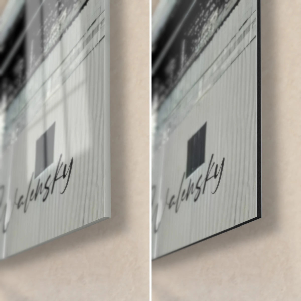 Obraz abstrakcyjny kubizm, dolny prawy róg: błyszczące szkło po lewej, matowy szary Dibond po prawej, czarna krawędź 3 mm