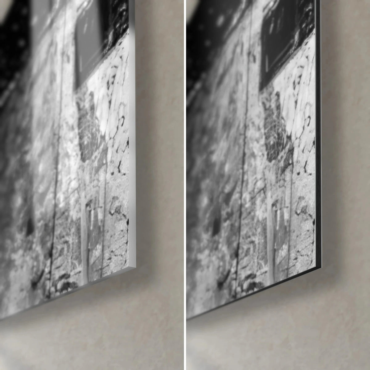 Wall art black circles and grainy grey tones, bottom right corner in glossy acrylic glass and matte Dibond aluminium, 3 mm edge