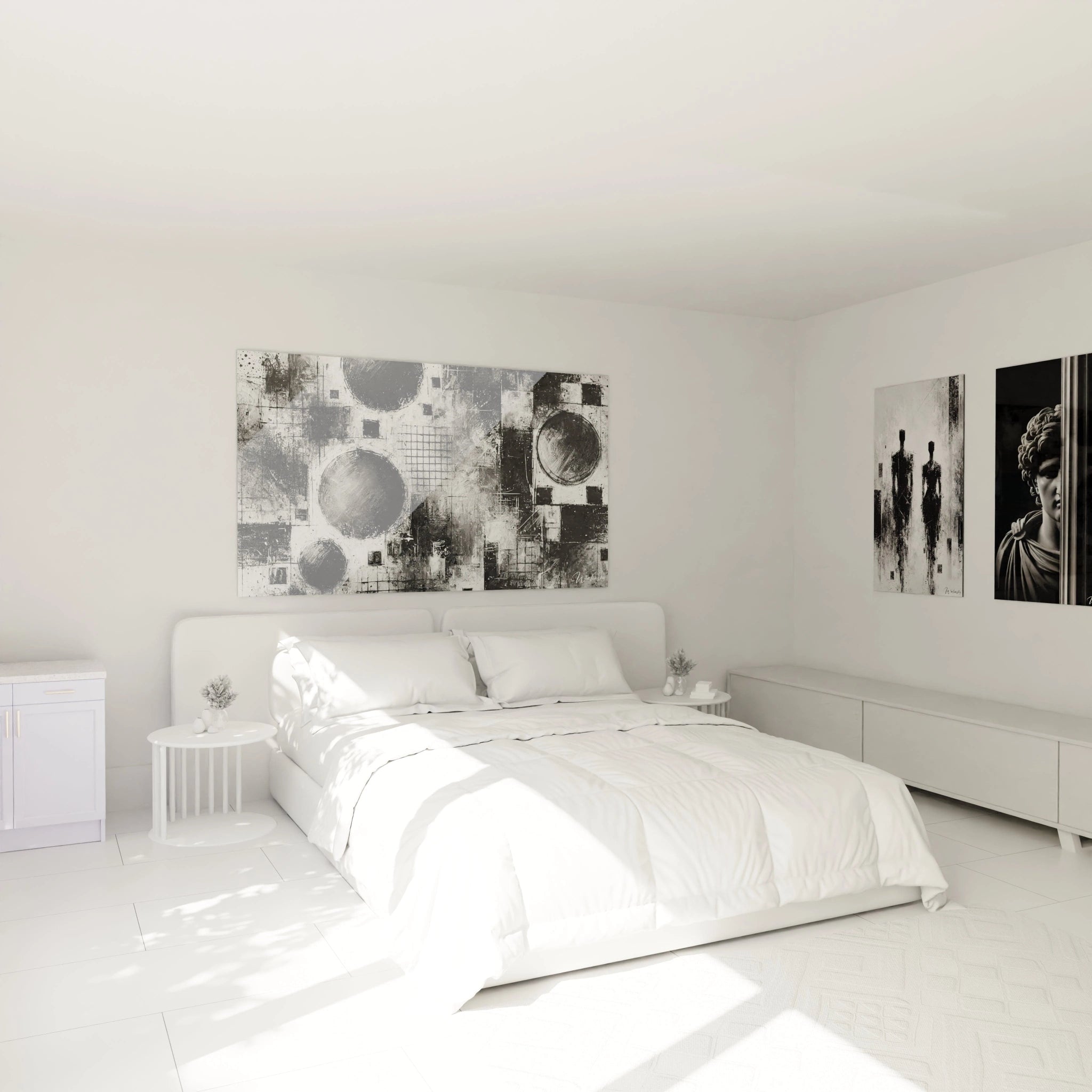 Le tableau "Mécanique du Chaos" accroché au-dessus d'un lit. L'œuvre s'intègre harmonieusement, ajoutant une touche contemporaine à la chambre avec ses formes géométriques et son contraste noir et blanc.

