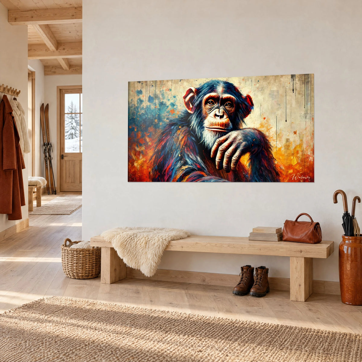 Wall art contemplative primate with amber eyes, white beard and turquoise and ochre background, hung in the entrance of a chalet