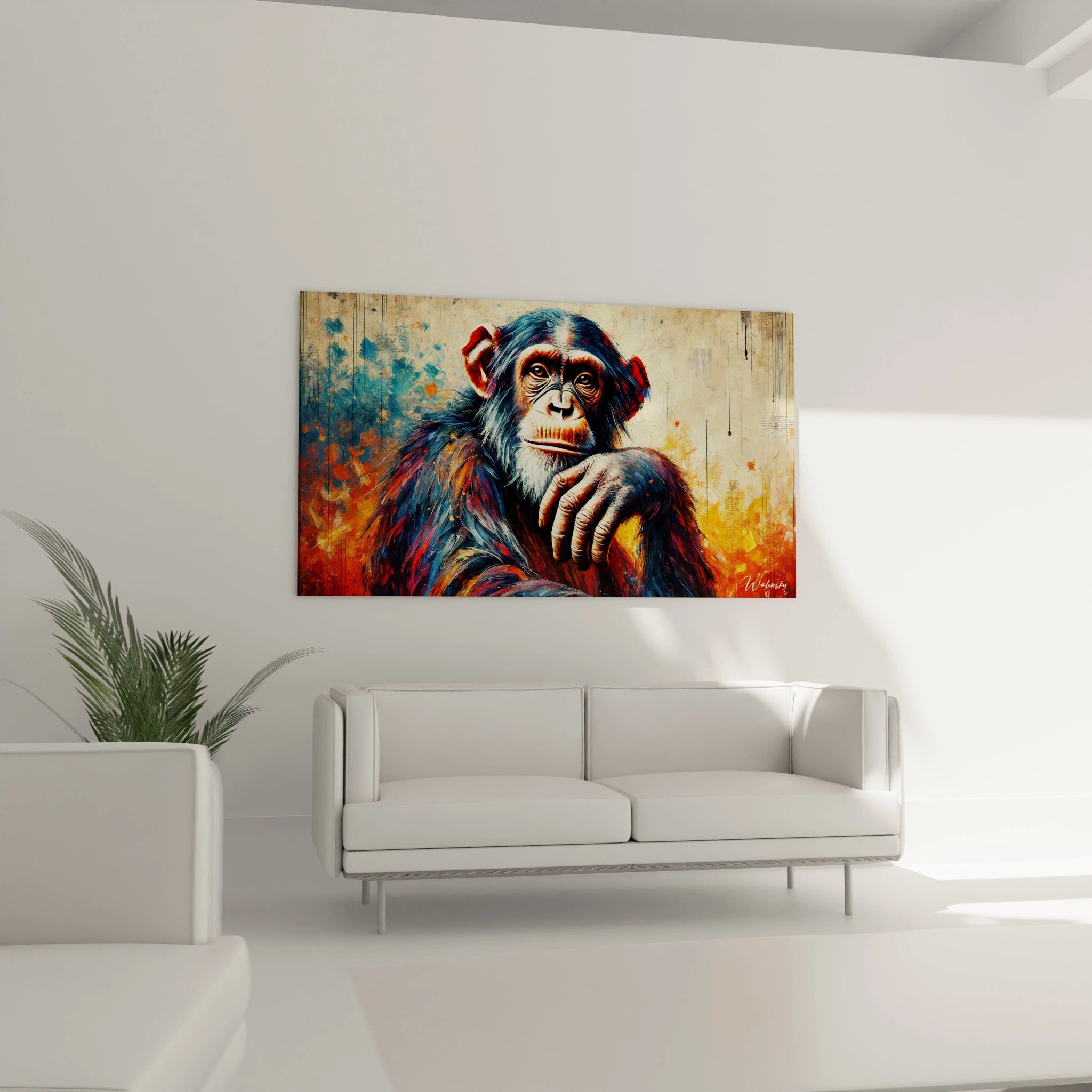 Dans le salon, ce tableau singe transforme l'espace au-dessus du canapé, sa richesse colorée et son expression poignante ajoutent une touche d'intensité.


