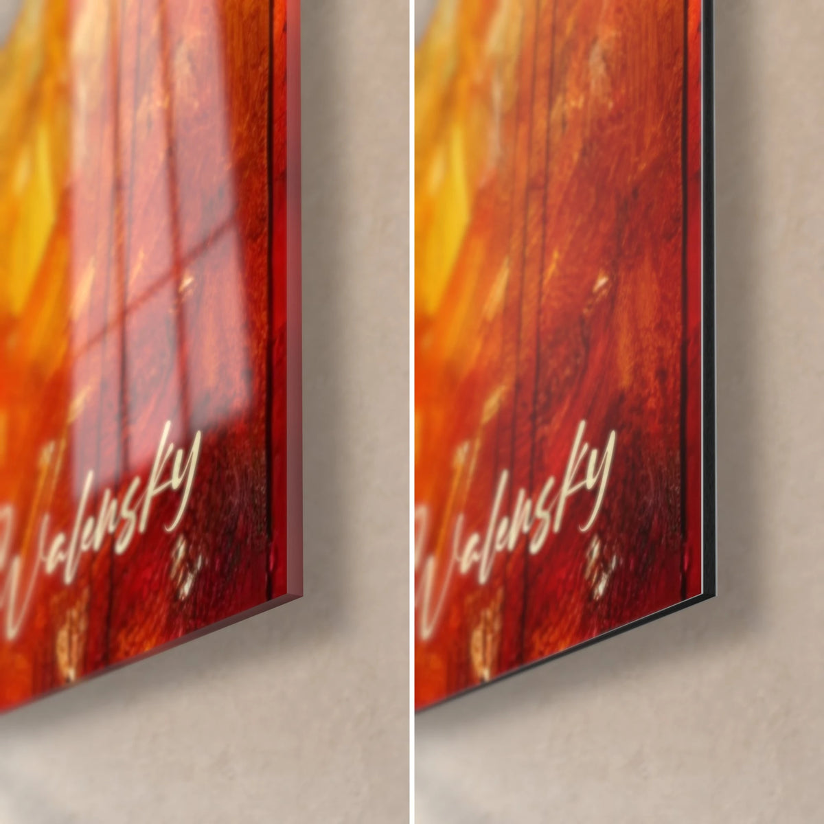 Wall art pensive monkey, bottom right corner: white signature on red and orange background, glossy glass and matte Dibond, 3 mm edge