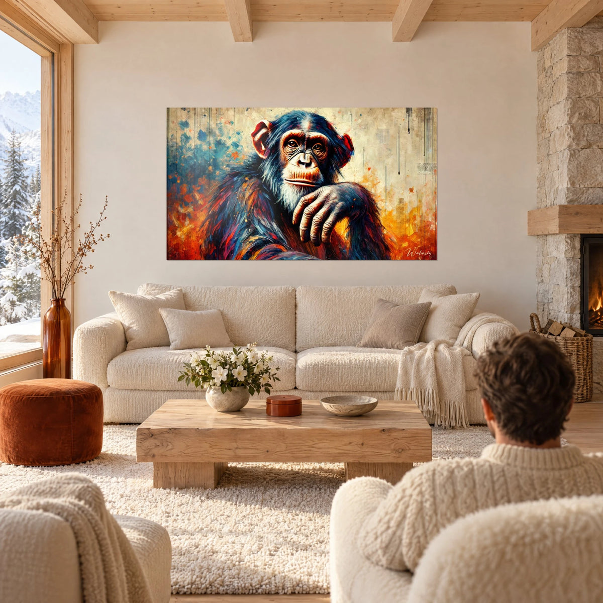 Wall art thoughtful chimpanzee, chin resting on hand, midnight blue and vivid orange fur, above a sofa in a bright living room