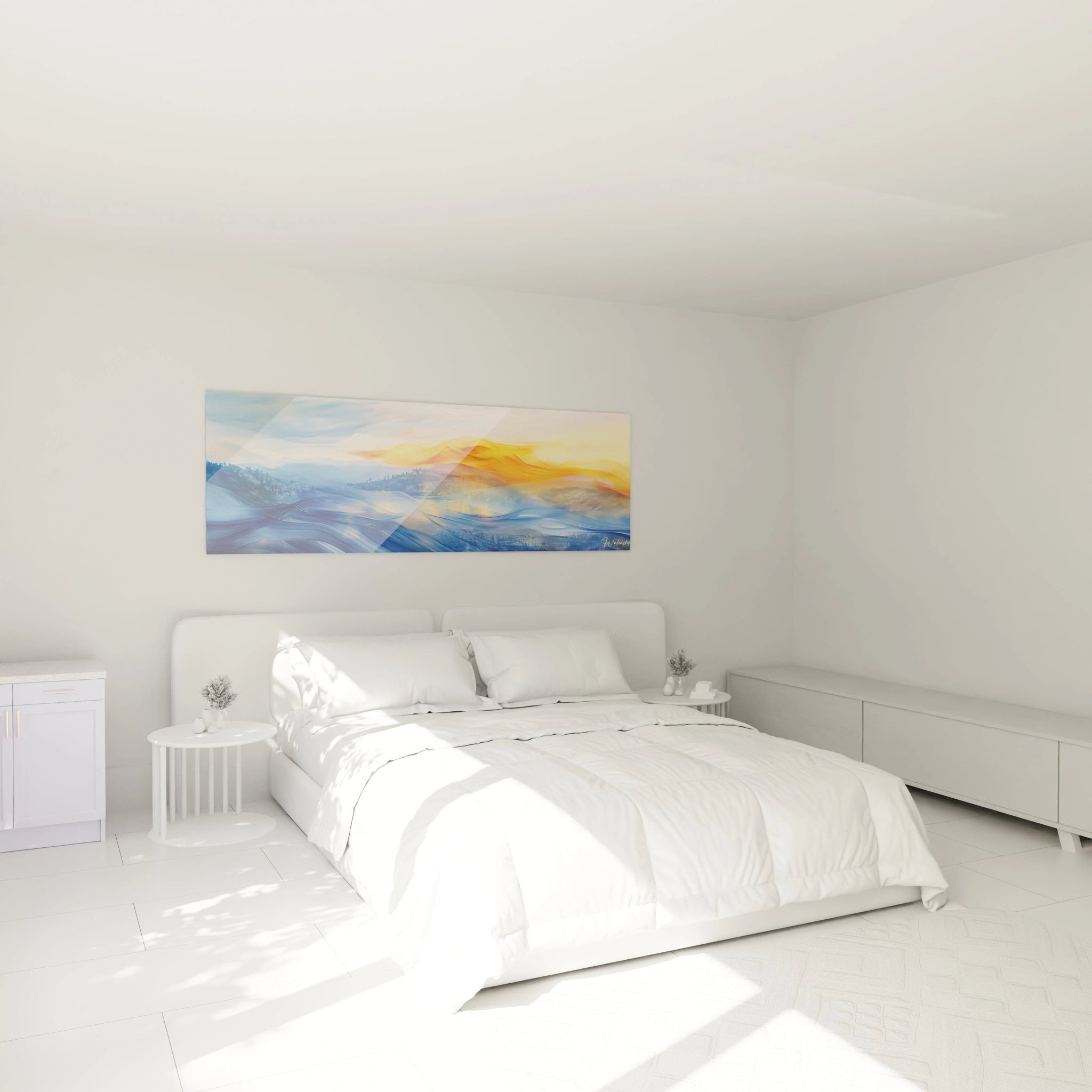 Tableau minimaliste abstrait de Walensky avec des nuances de bleu et jaune pour un décor moderne